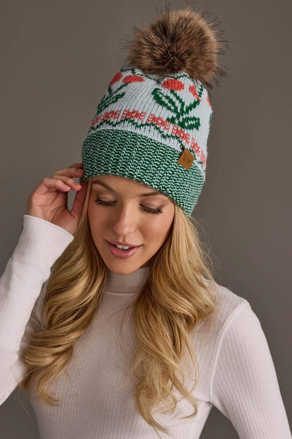 Lt. Blue Cherry Pattern Pom Hat