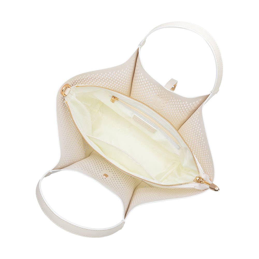 Malia Ivory Laser Cut Vegan Leather Tote Bag