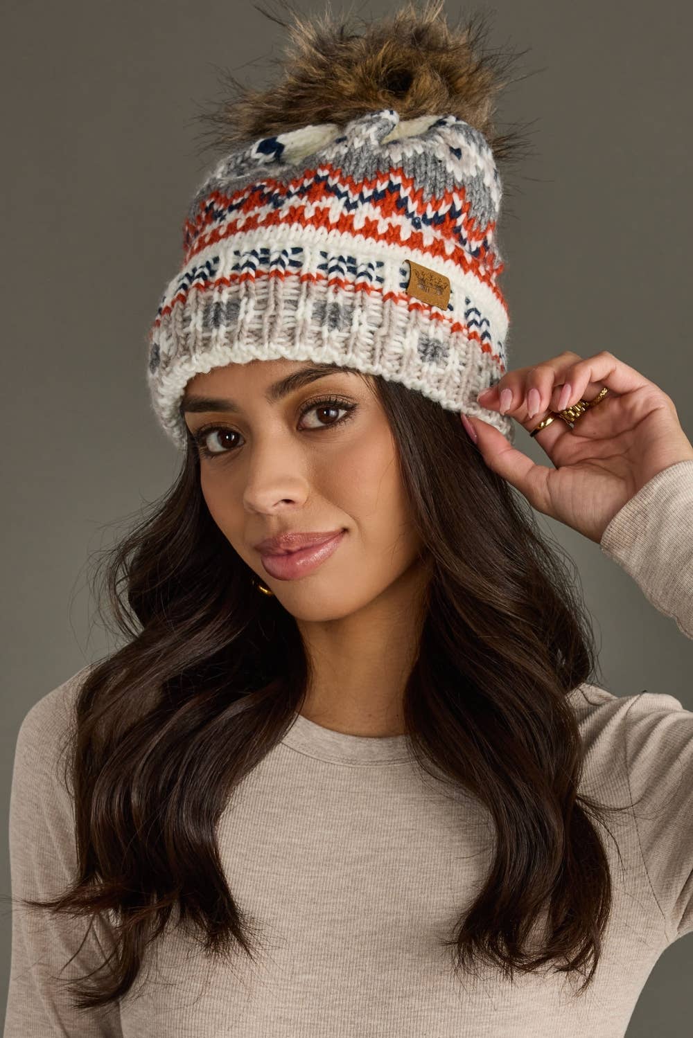 White, Navy & Orange Pattern Pom Hat