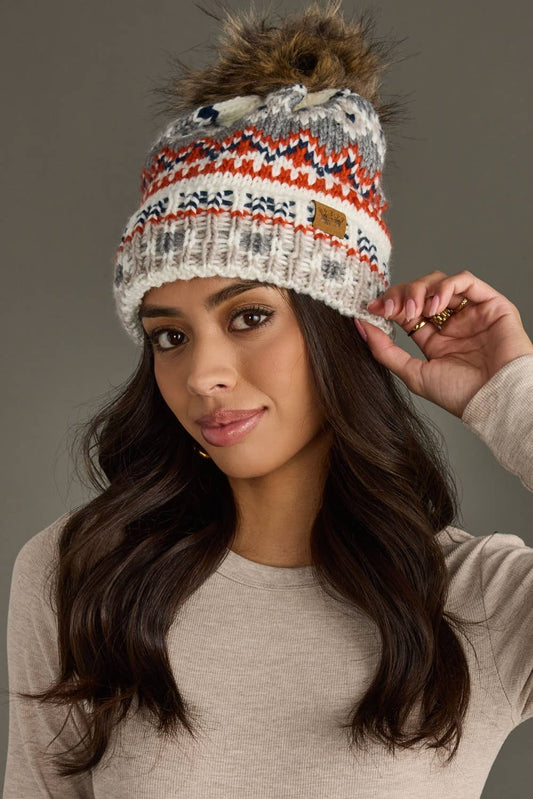White, Navy & Orange Pattern Pom Hat