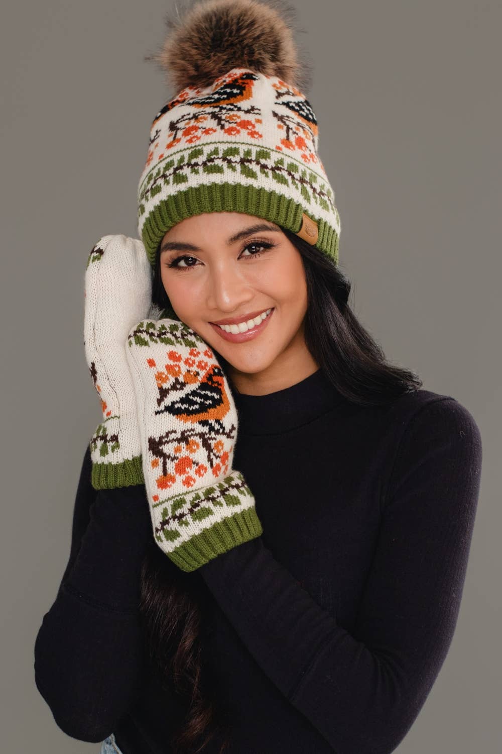 Olive & Cream Bird Pattern Mittens