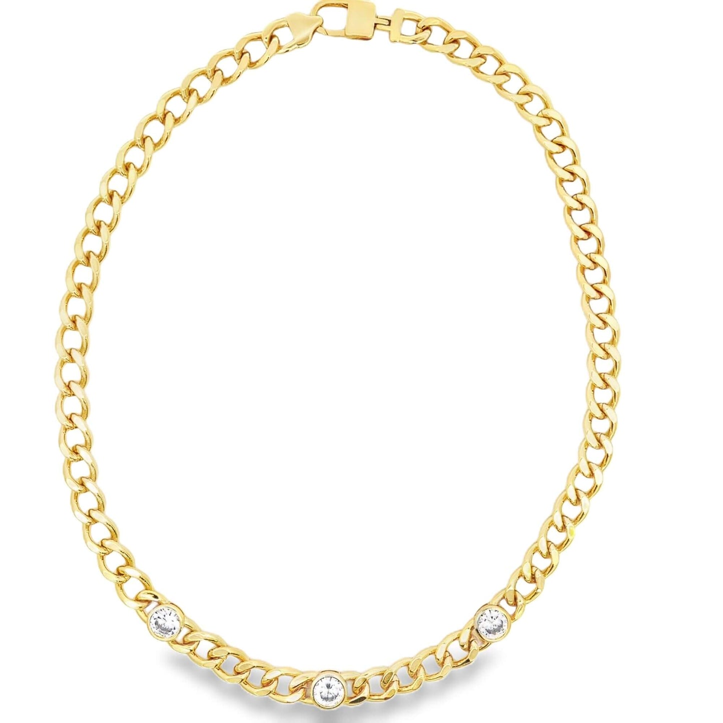 Triple CZ Gemstone Cuban Link Necklace