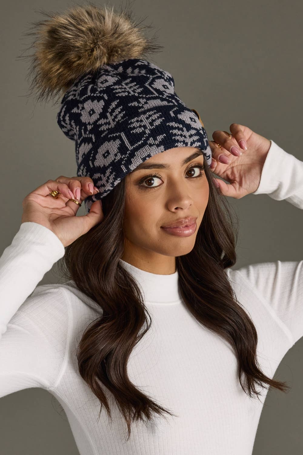 Navy & Gray Floral Pom Hat