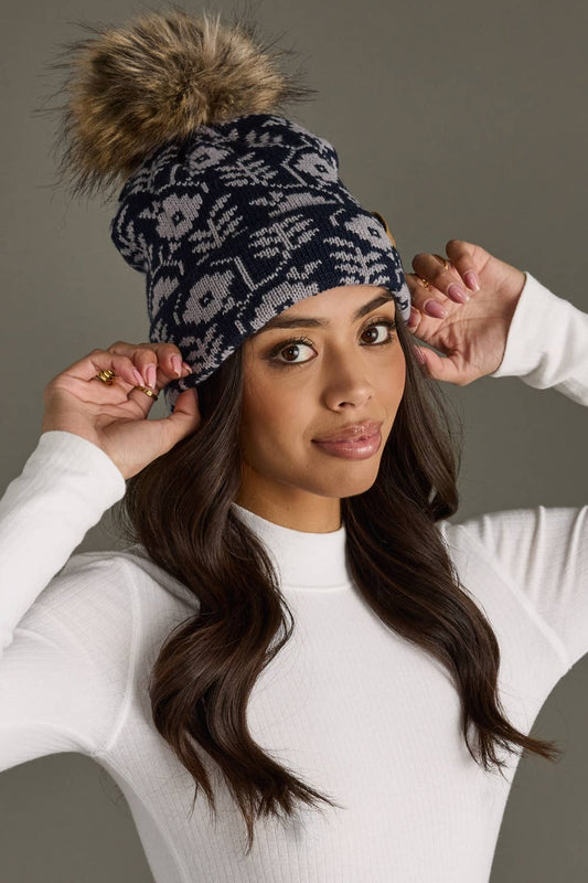 Navy & Gray Floral Pom Hat