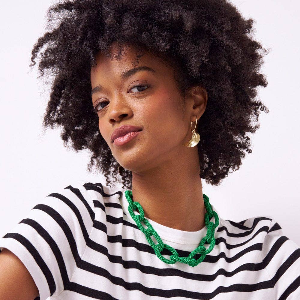 Jenna Chain Link Beaded Necklace - Kelly Green