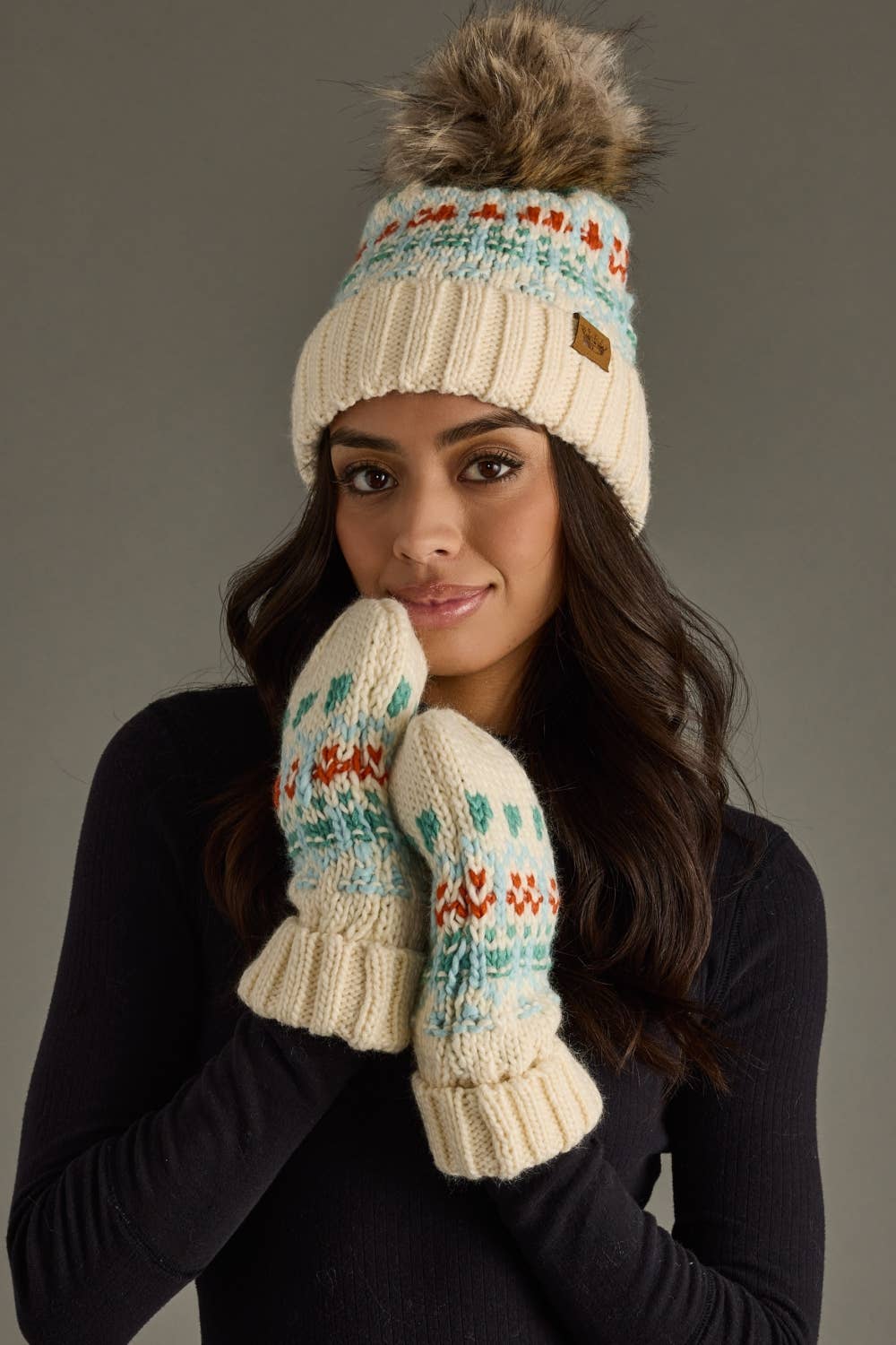 Ivory, Lt. Blue, Mint & Orange Pattern Pom Hat
