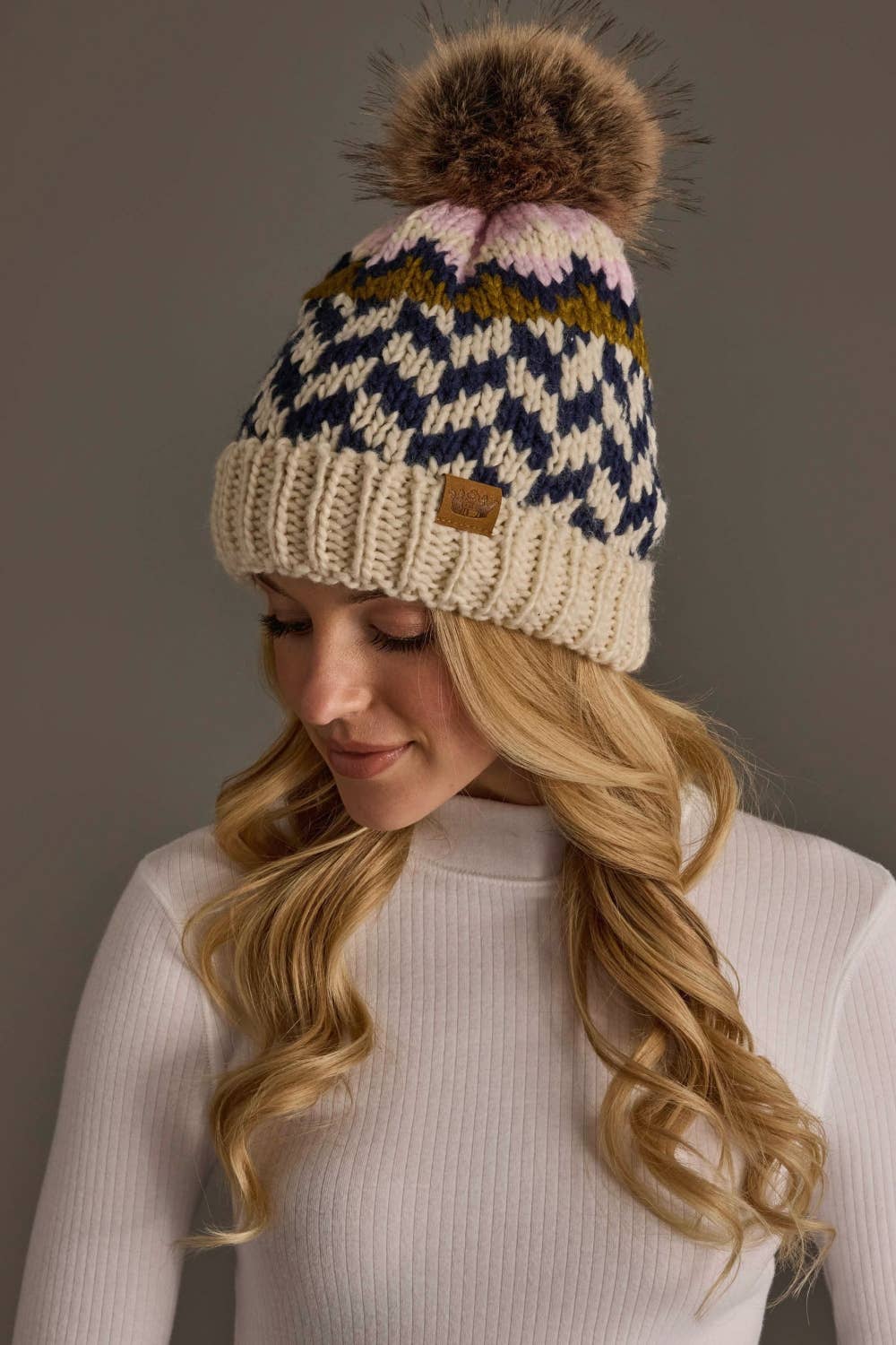 Beige, Navy & Lt. Pink Patterned Pom Hat