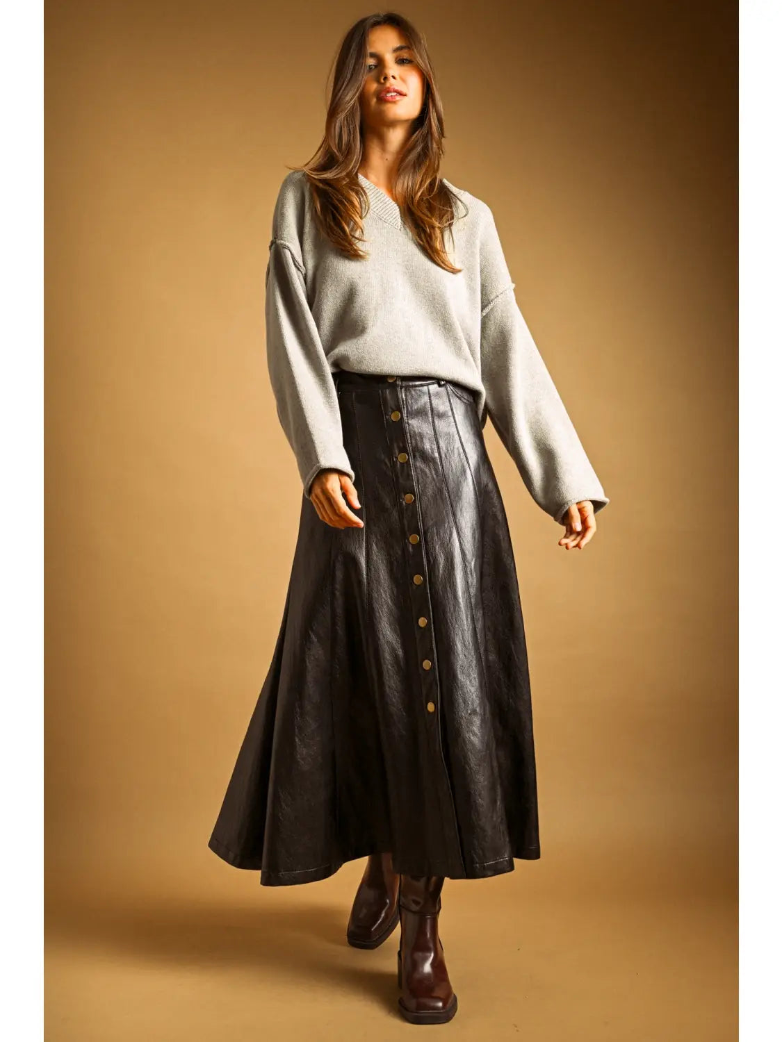 Button Front Faux Leather Skirt