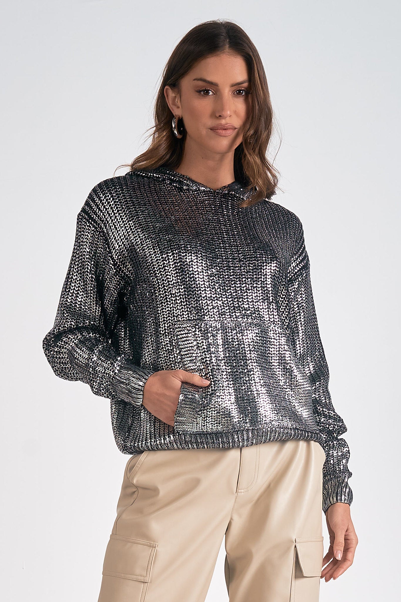 METALLIC SWEATER HOODIE