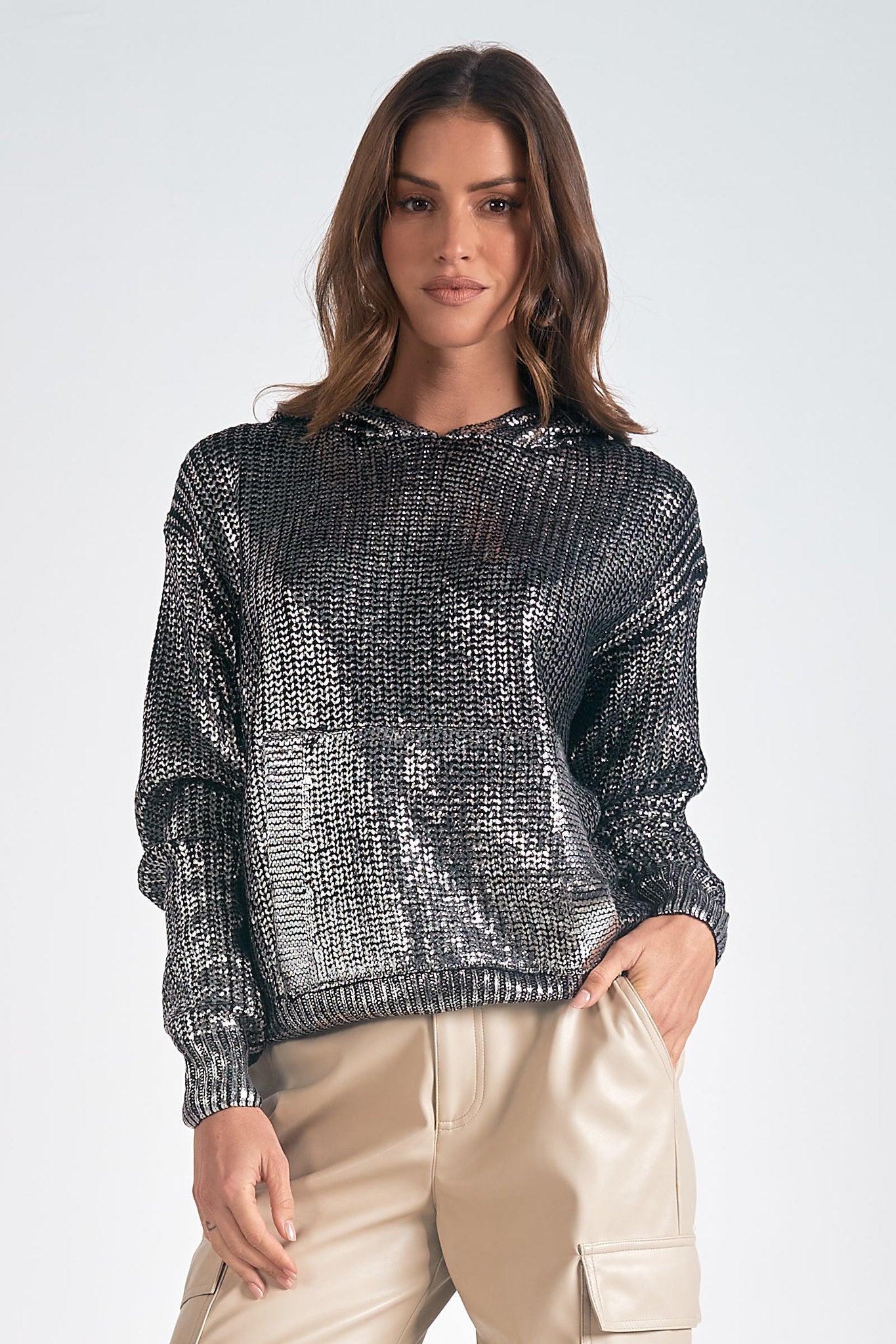 METALLIC SWEATER HOODIE