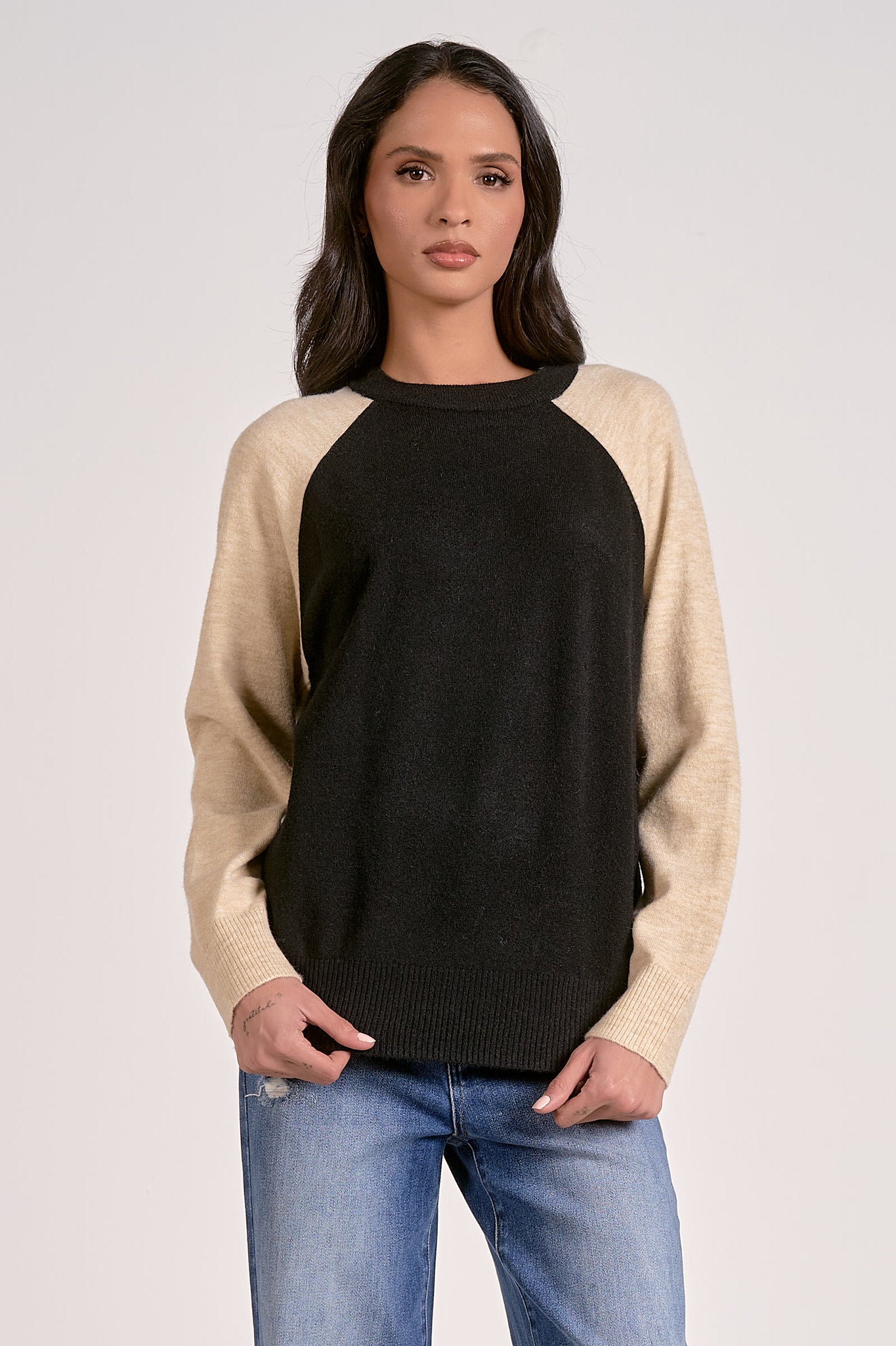 Tatum Crewneck Sweater - Black/Natural Colorblock
