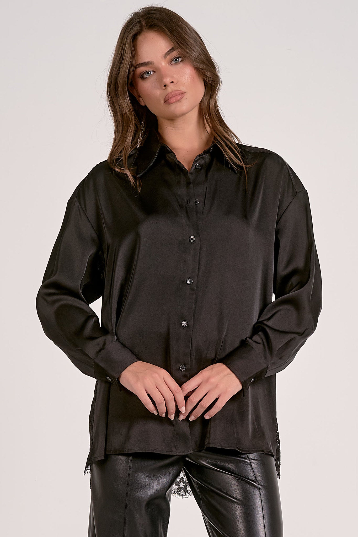 Lace Back Button Down Blouse by Elan