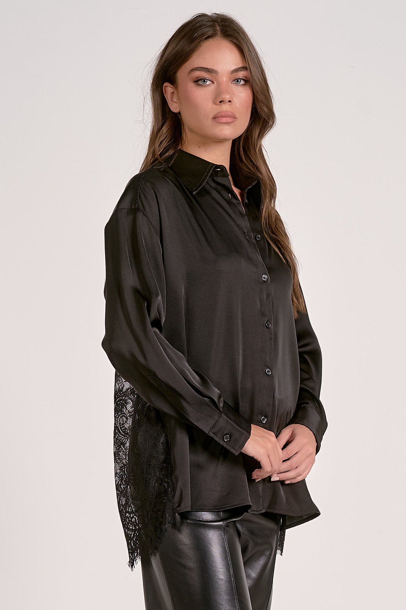 Lace Back Button Down Blouse by Elan