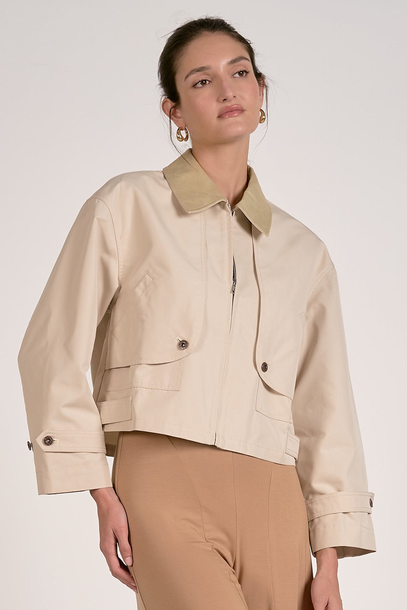 Leather Collar Trench Jacket
