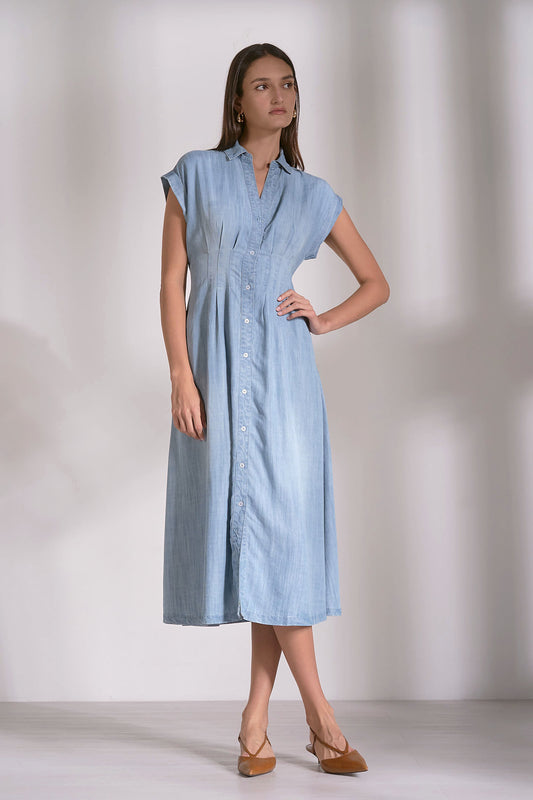 Cap Sleeve Midi Denim Dress