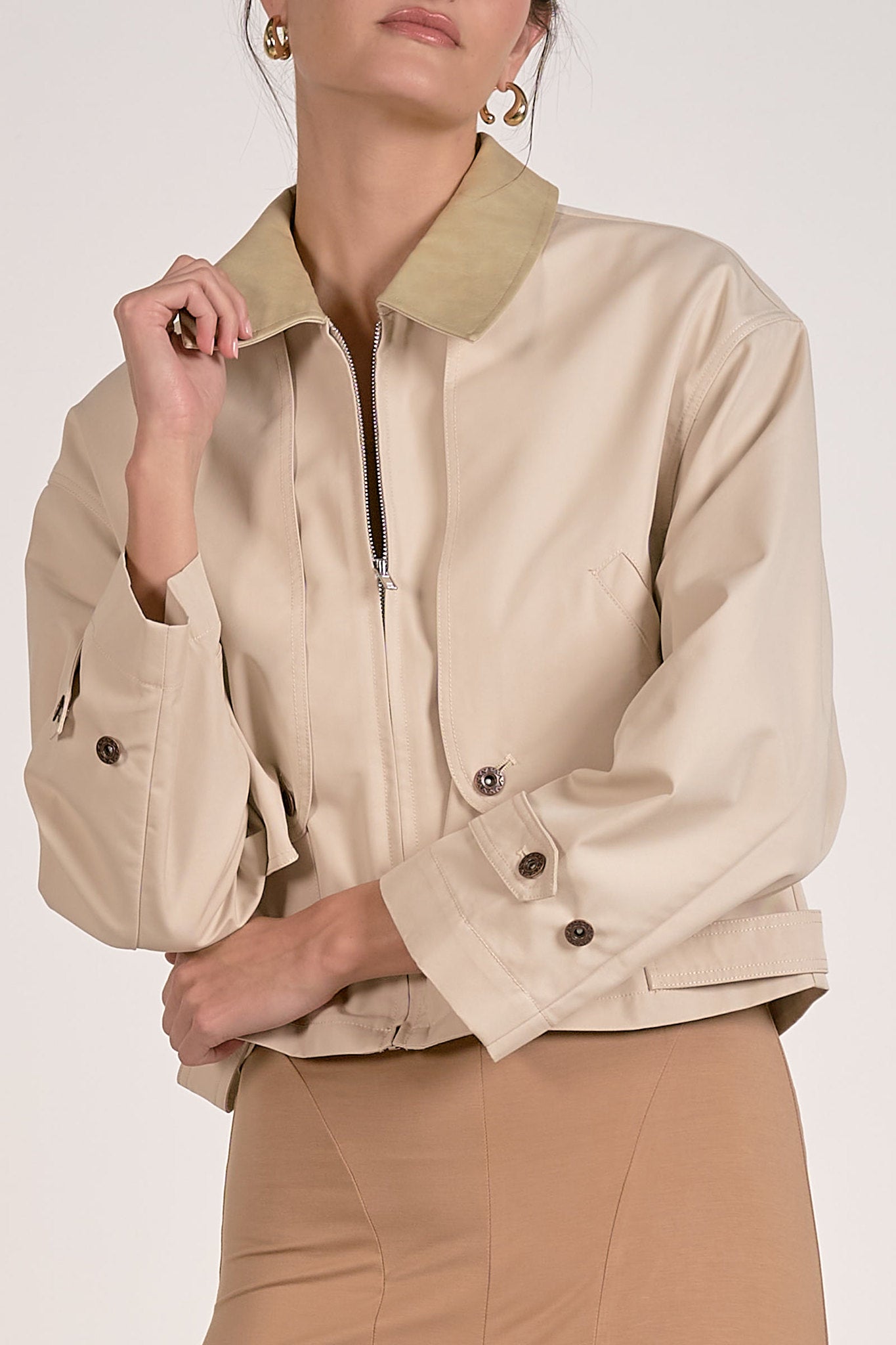 Leather Collar Trench Jacket