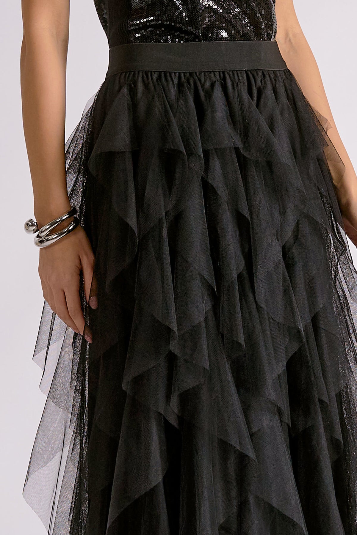 Tiered Tulle Ruffle Midi Skirt