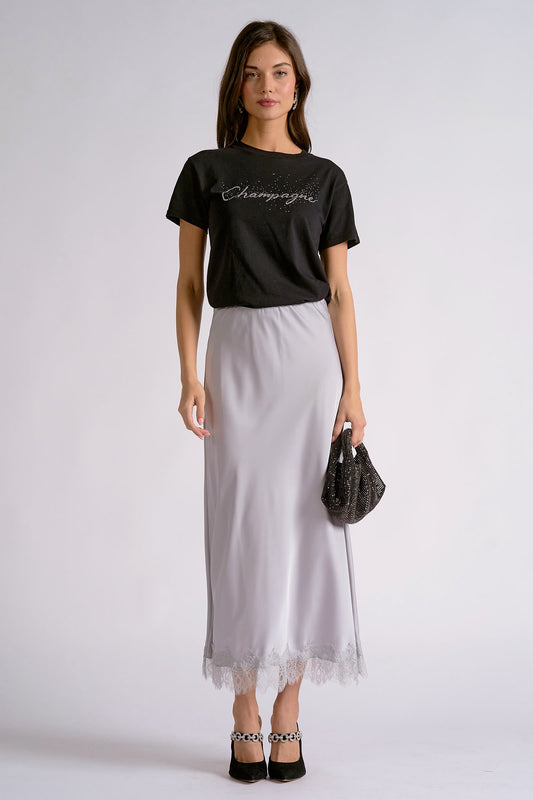 Lace Hem Satin Maxi Skirt