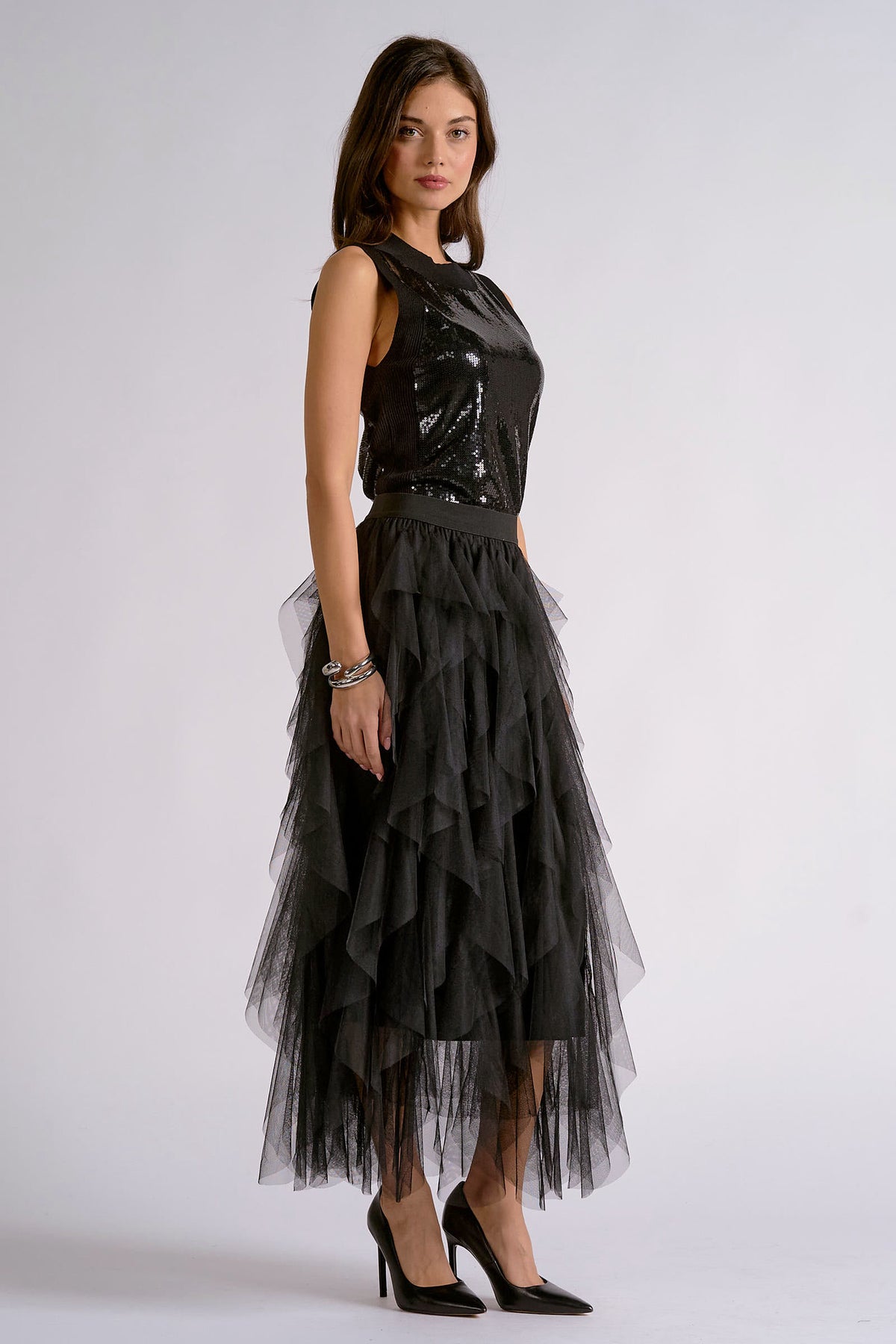 Tiered Tulle Ruffle Midi Skirt