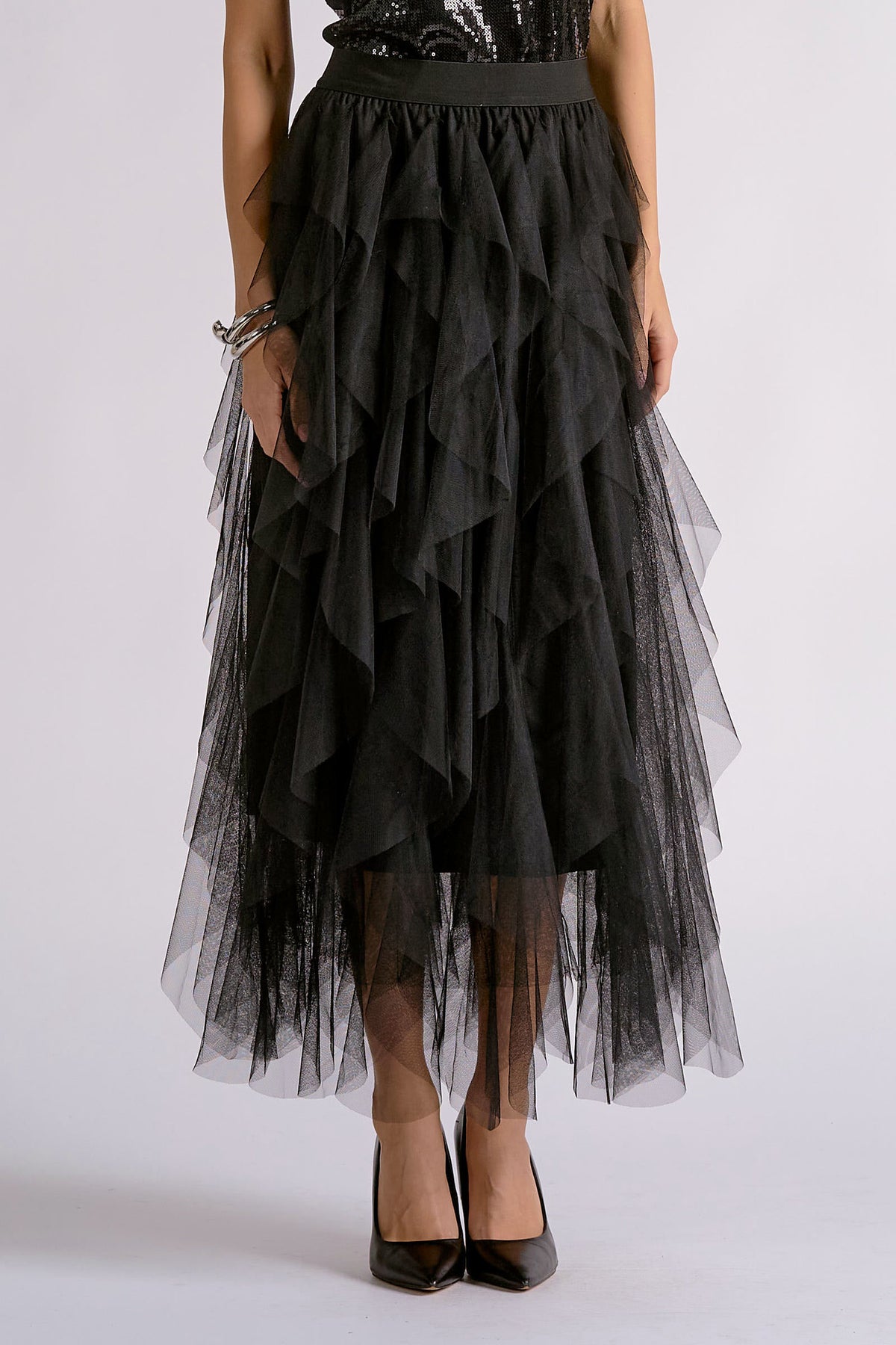 Tiered Tulle Ruffle Midi Skirt