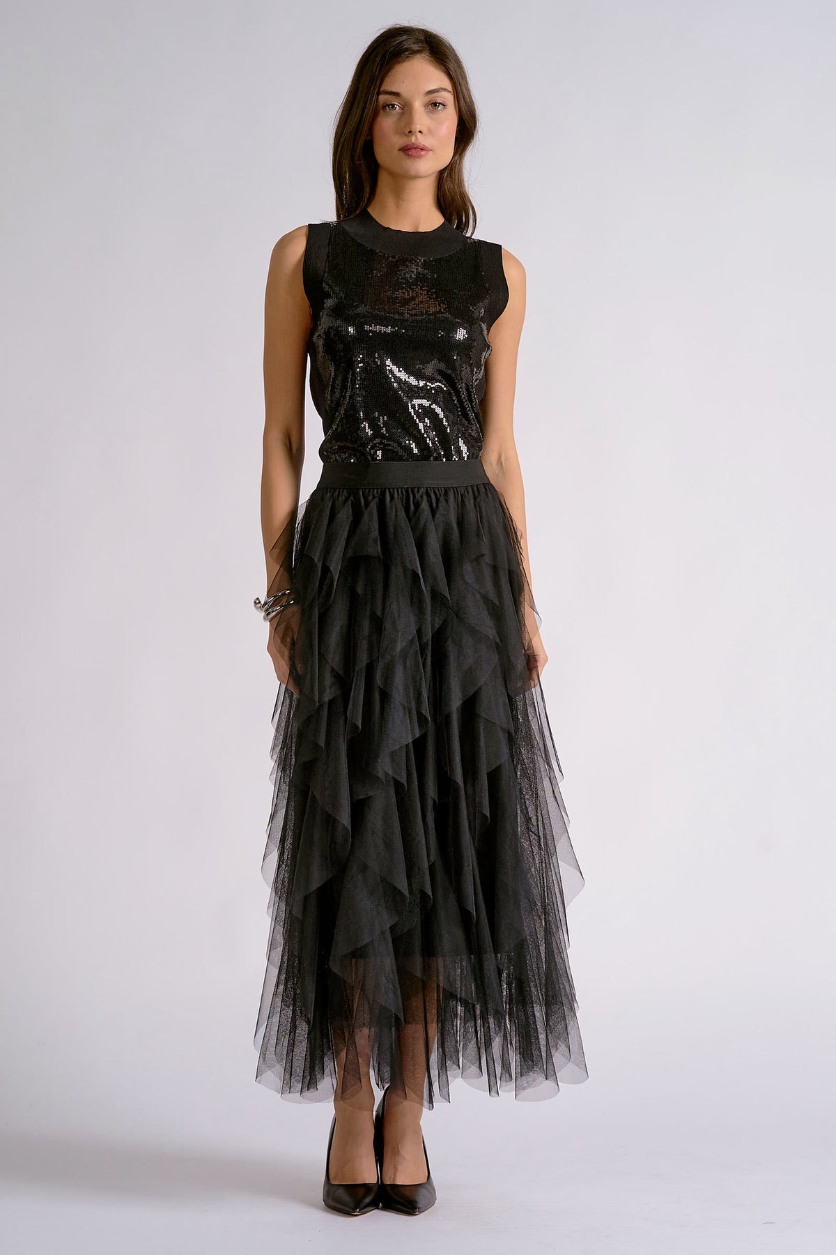 Tiered Tulle Ruffle Midi Skirt