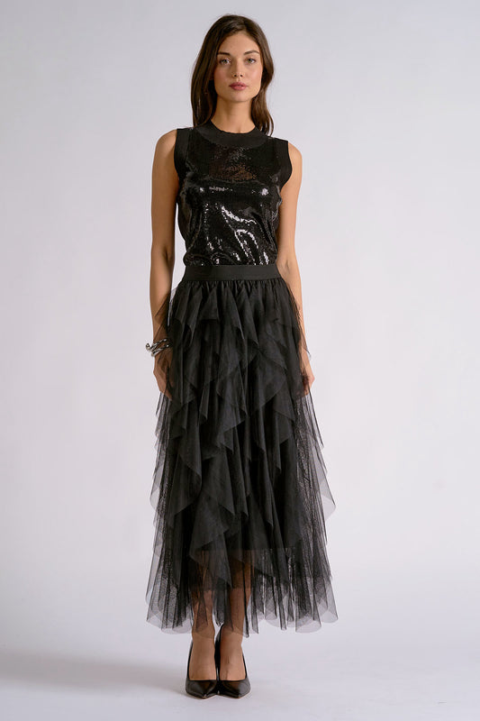 Tiered Tulle Ruffle Midi Skirt