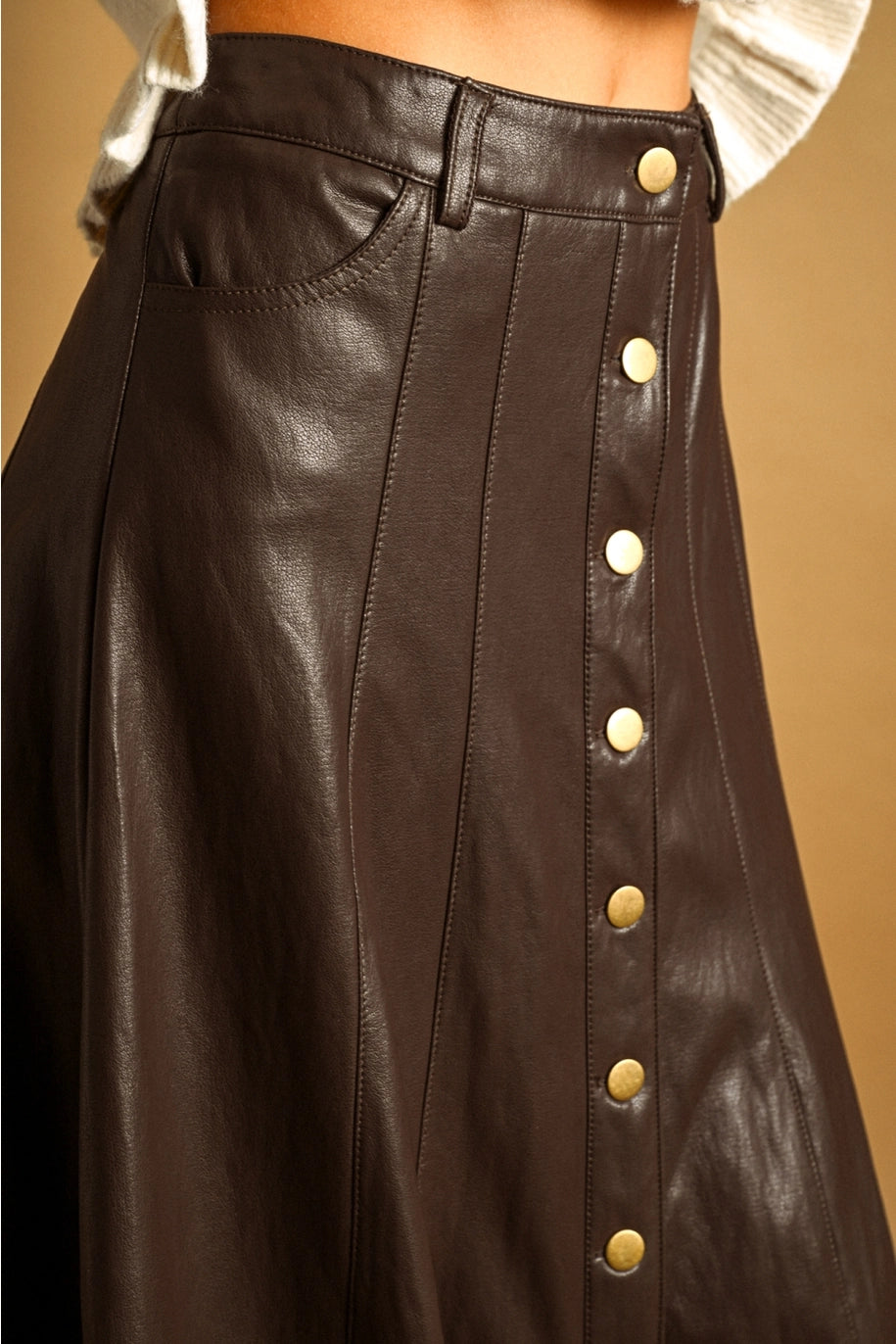 Button Front Faux Leather Skirt