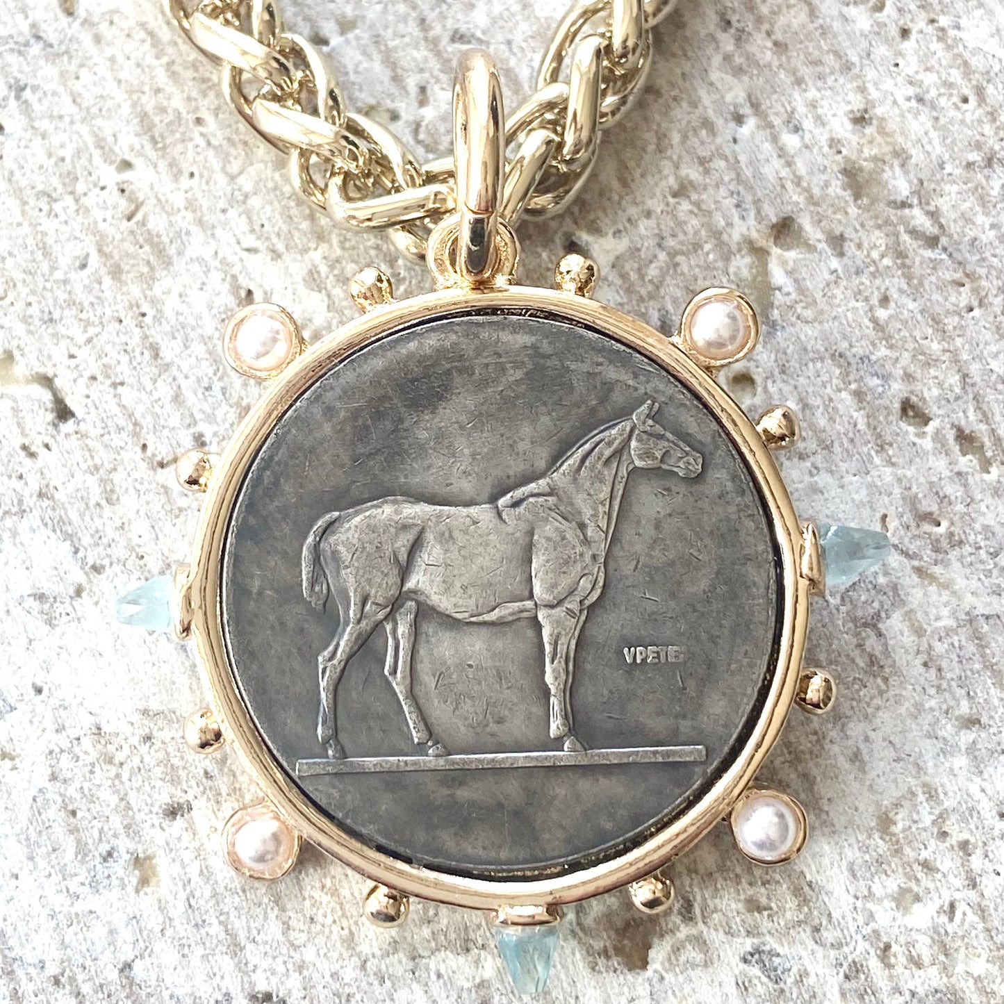 HORSE COIN NECKLACE W/PEARL & AQUA STONES