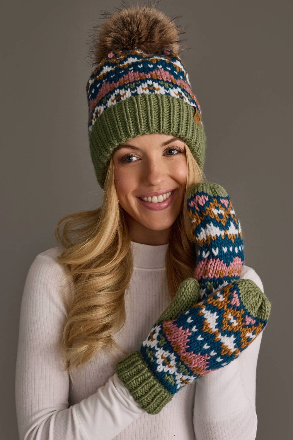 Green, Blue, Pink & Brown Patterned Pom Hat
