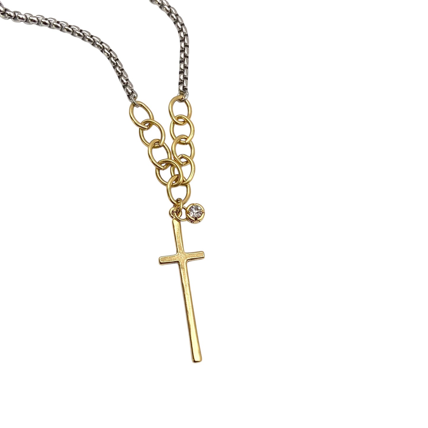 Mixed Metal Cross Necklace With Crystal Accent 