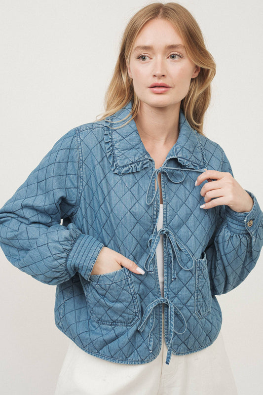 DENIM QUILTED JACKET WITH BOWS