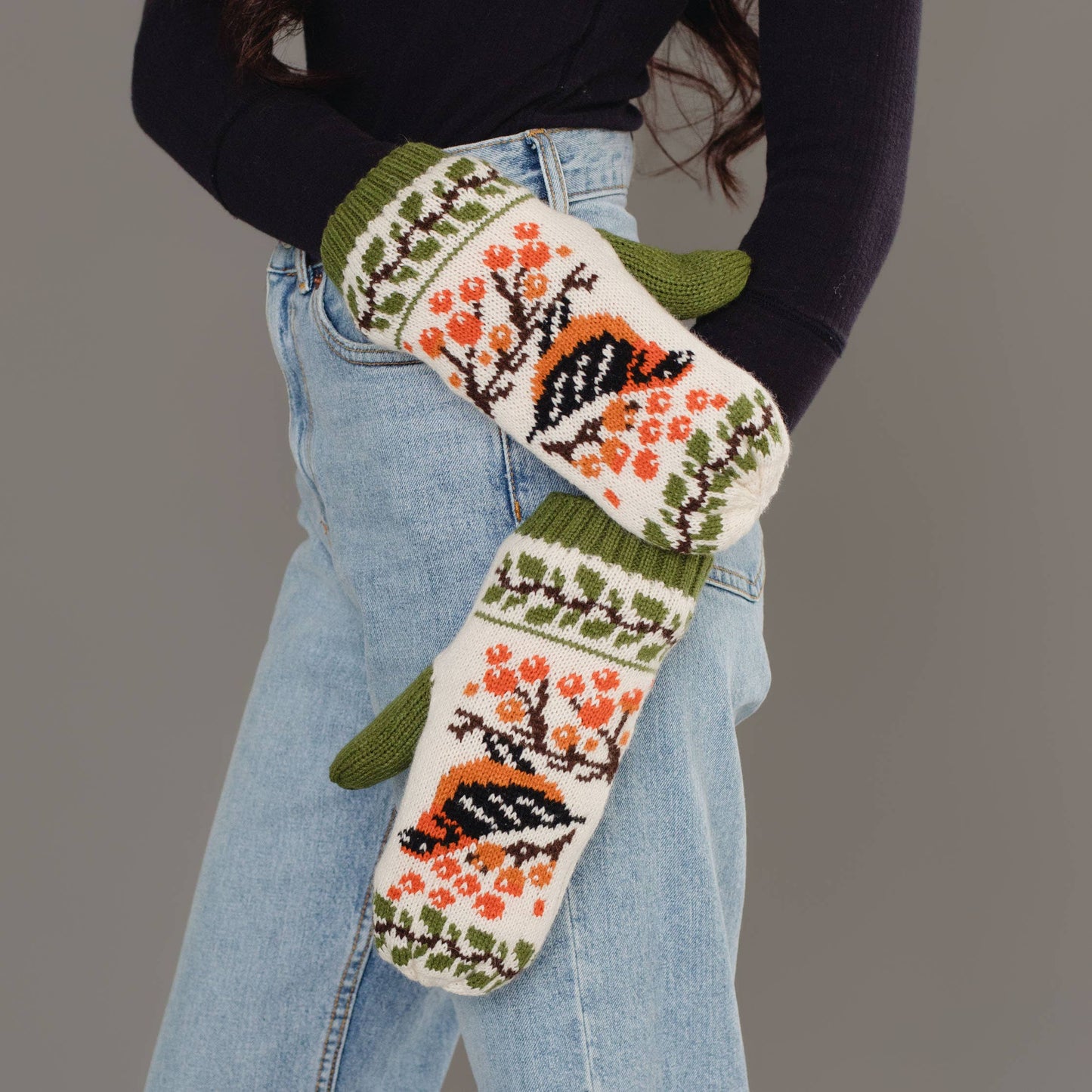 Olive & Cream Bird Pattern Mittens