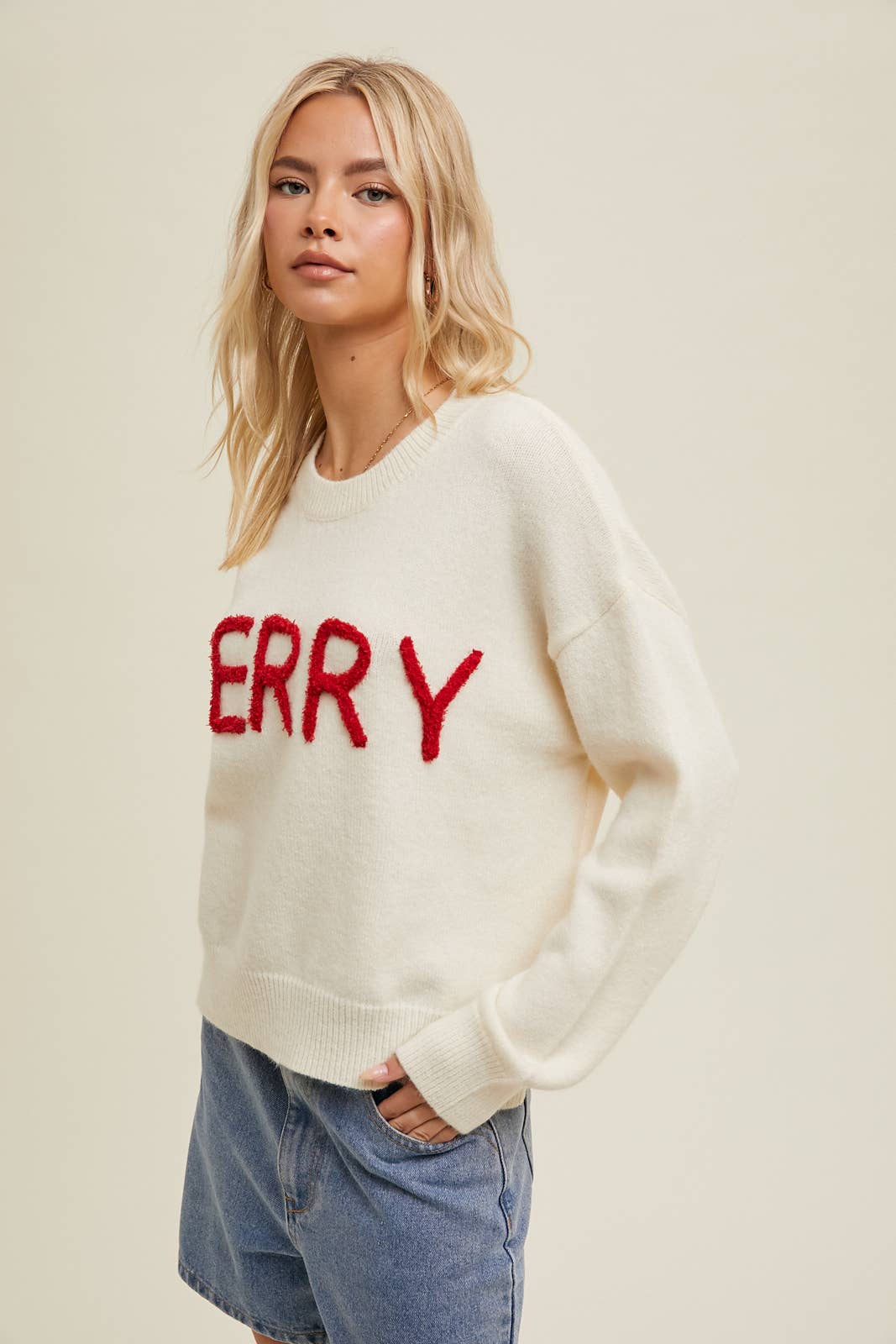 'MERRY' FLUFFY PATCH SWEATER