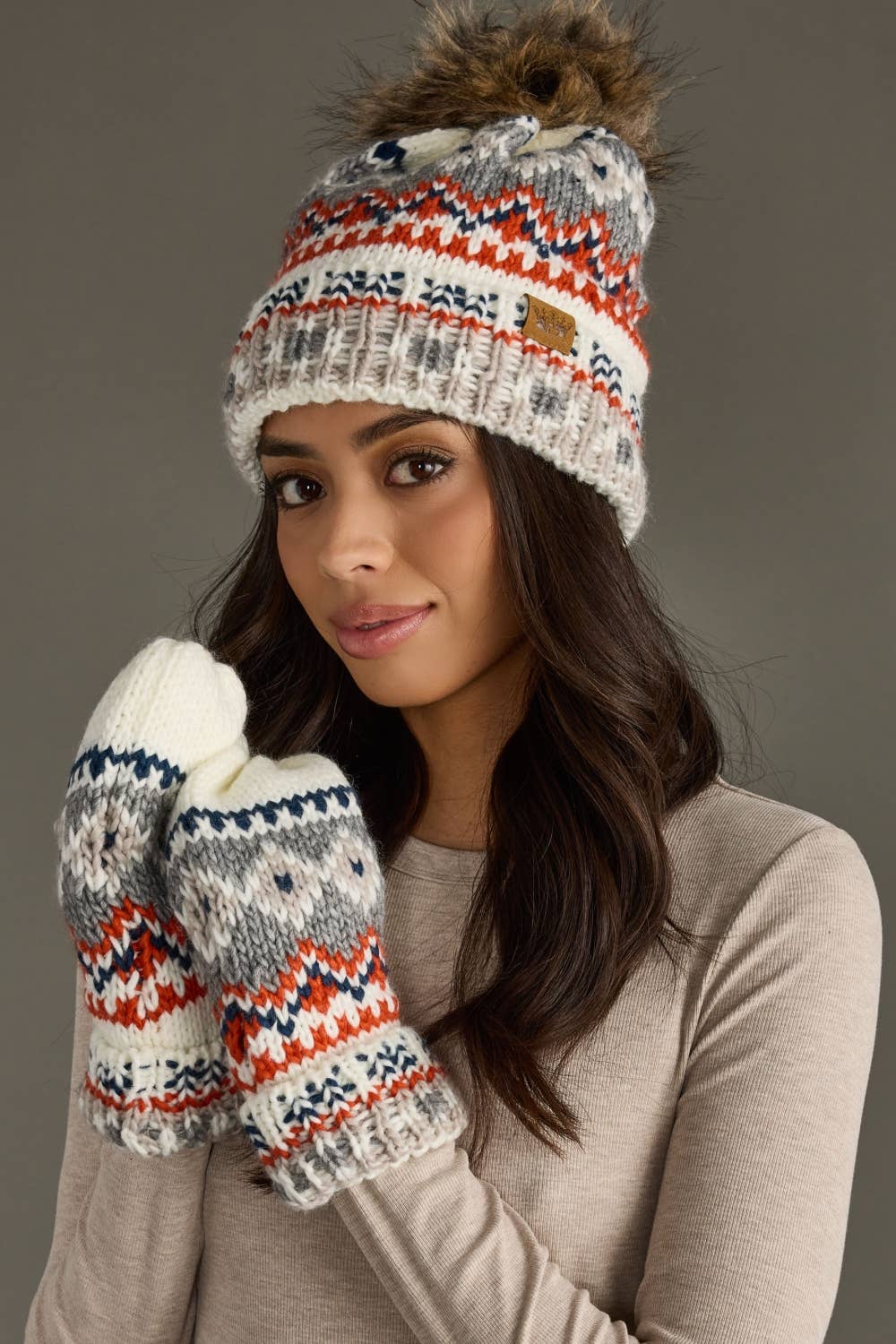 White, Navy & Orange Pattern Pom Hat