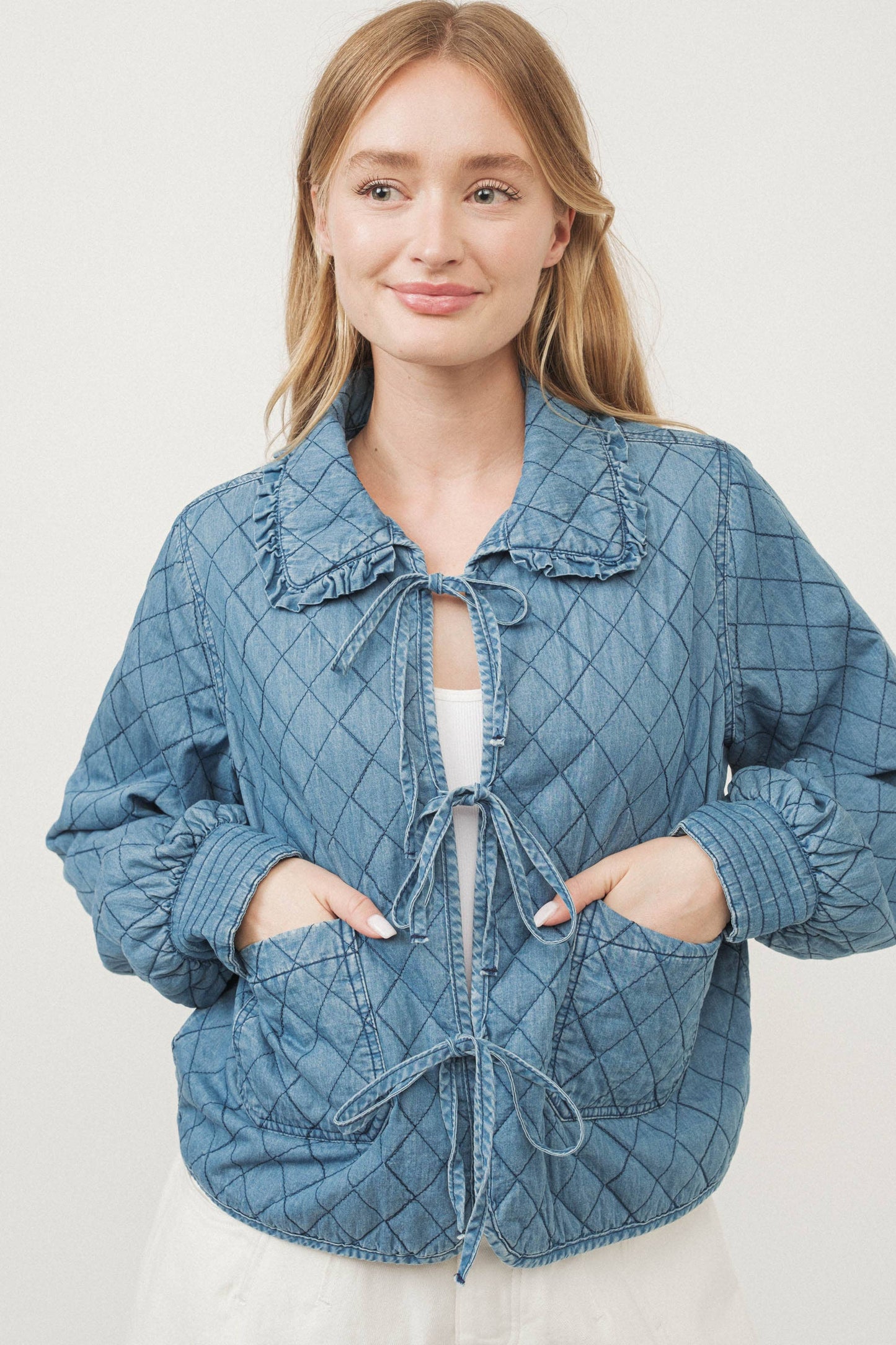 DENIM QUILTED JACKET WITH BOWS