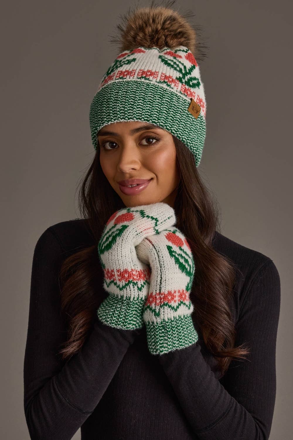 Off White Cherry Pattern Pom Hat