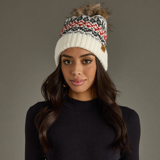 Ivory, Red & Gray Winter Pattern Pom Hat