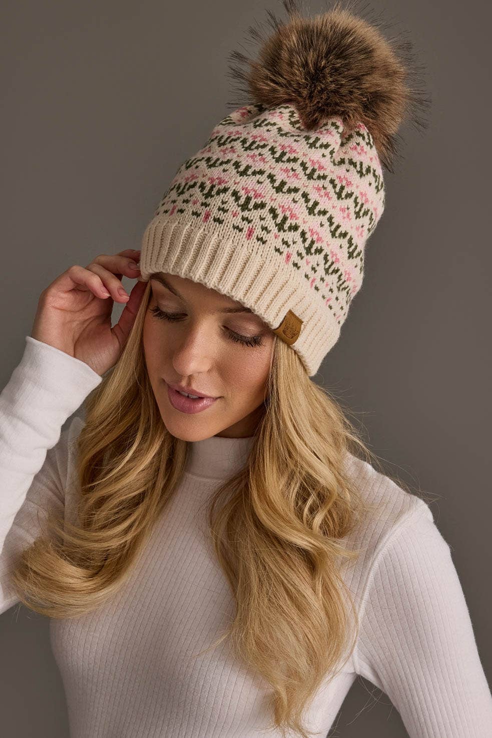 Cream & Pink Floral Pattern Pom Hat