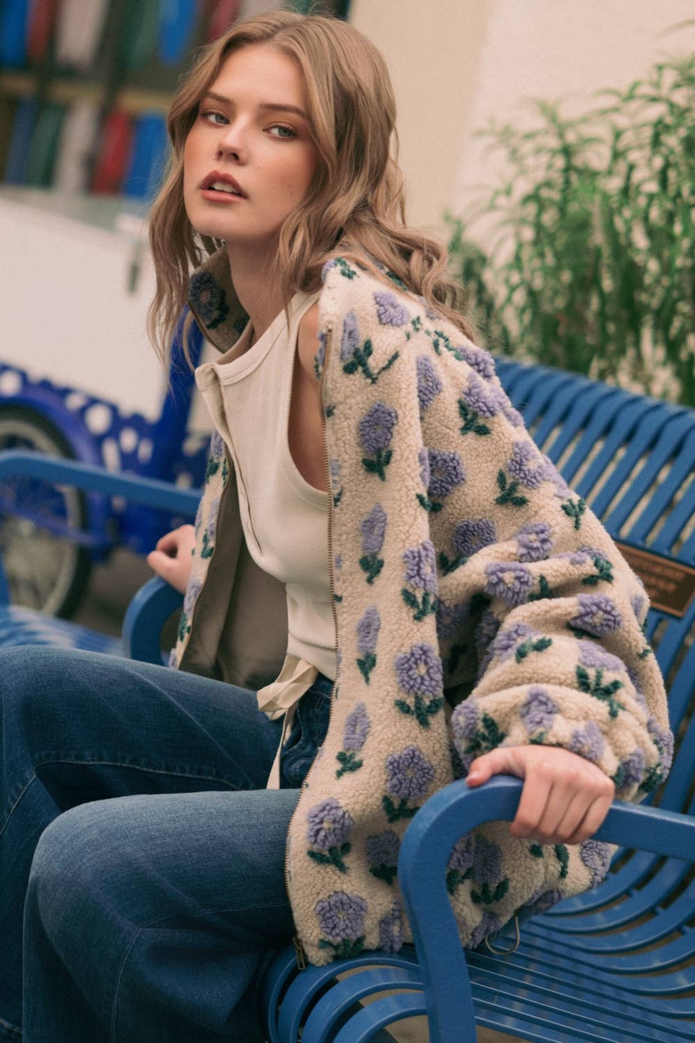 Flower Print Sherpa Jacket