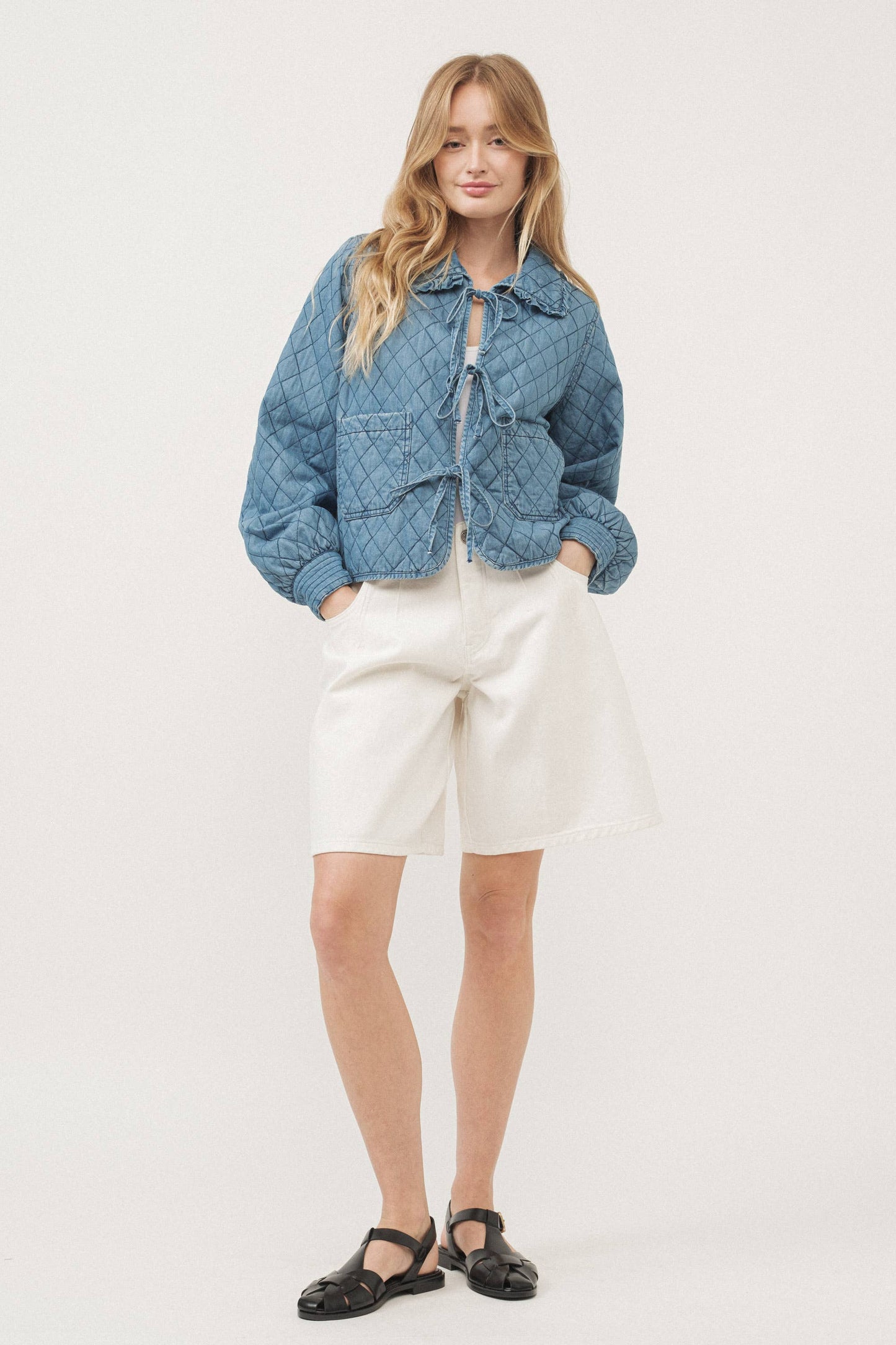 DENIM QUILTED JACKET WITH BOWS