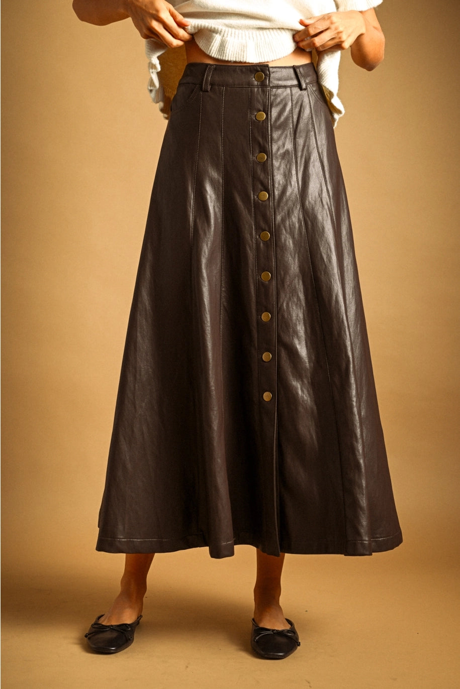 Button Front Faux Leather Skirt