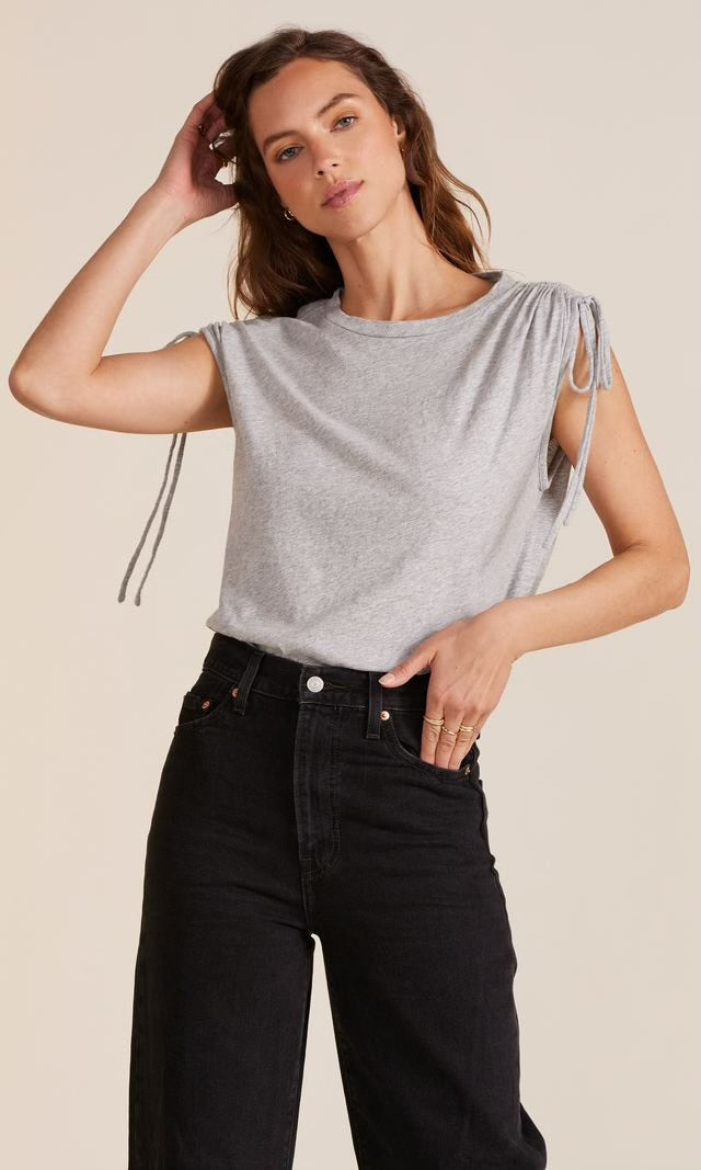 DRAWSTRING SLEEVE CREW NECK TEE - HEATHER GREY