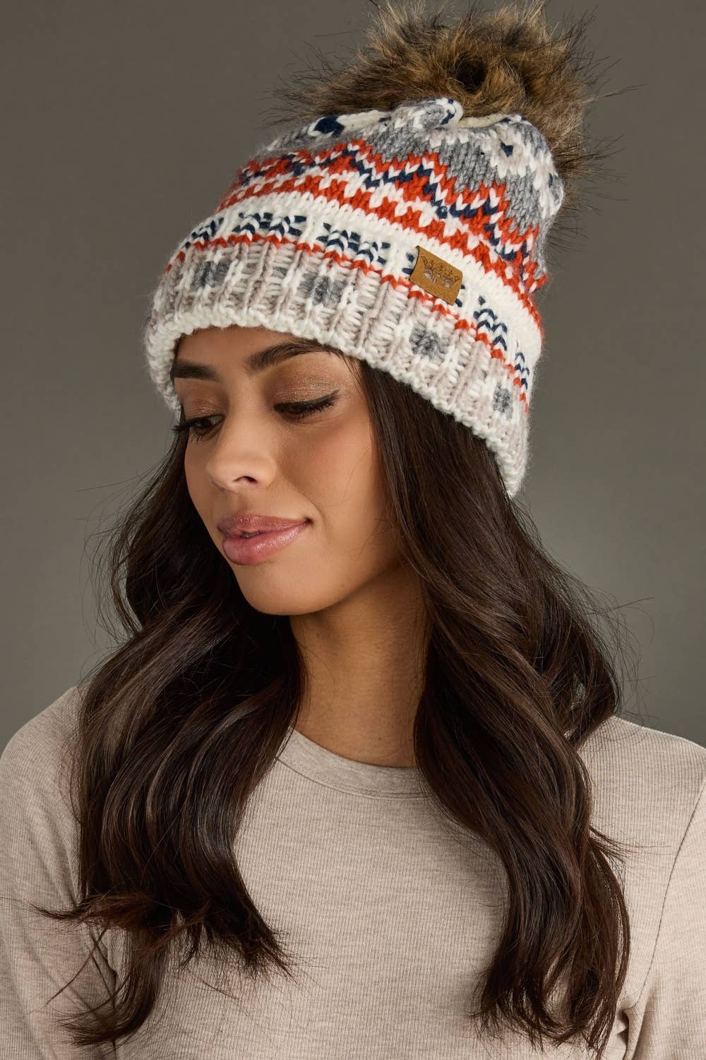 White, Navy & Orange Pattern Pom Hat