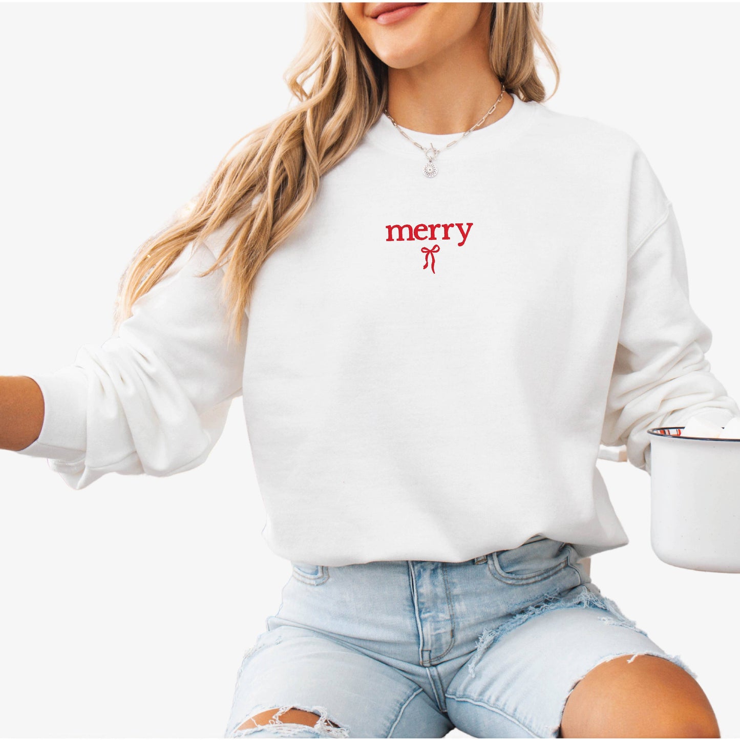 EMBROIDERED MERRY BOW SWEATSHIRT