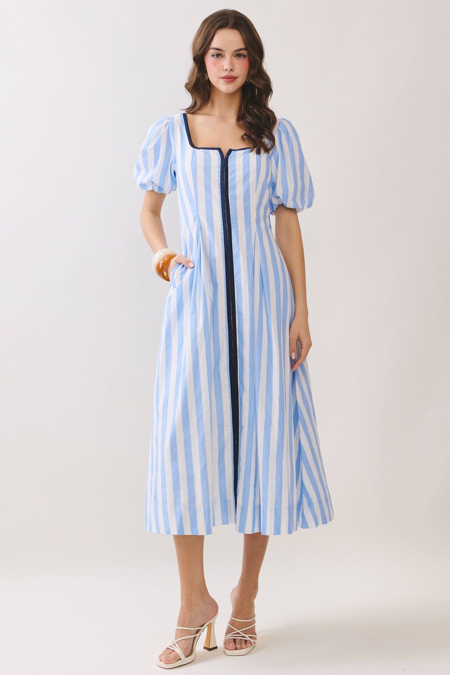 Striped Contrast Piping Detail Square Neck Dress