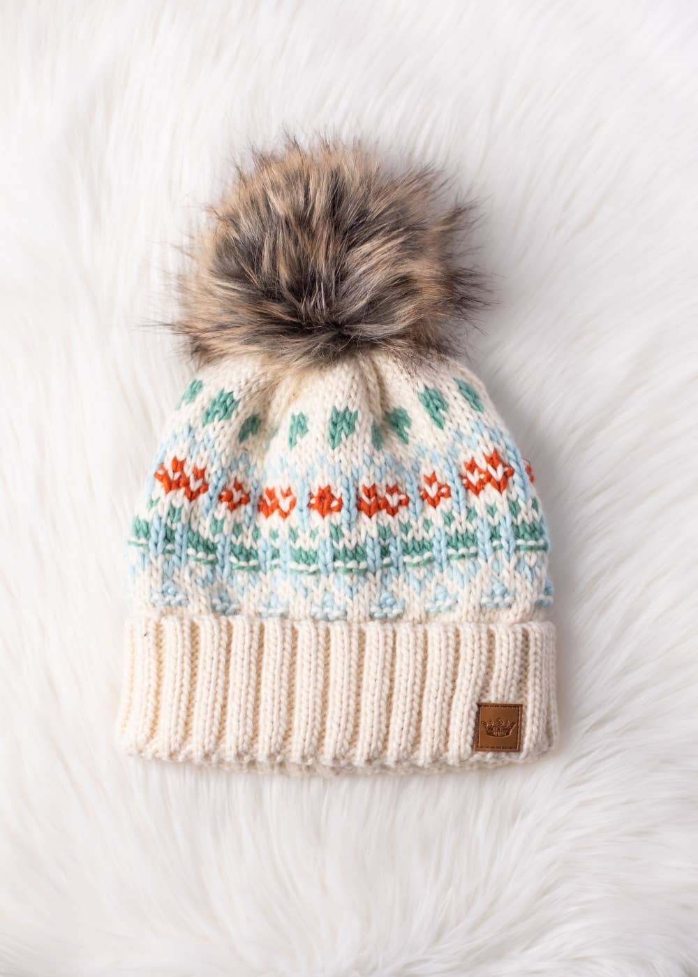 Ivory, Lt. Blue, Mint & Orange Pattern Pom Hat