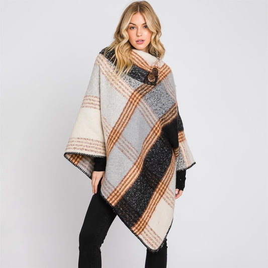 Plaid Poncho With Wood Button
