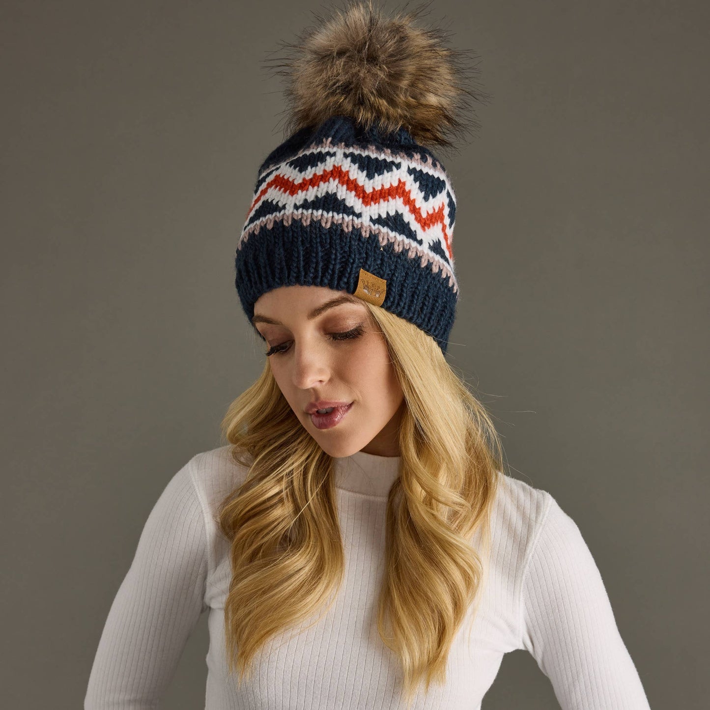 Navy, Red, White & Taupe Pattern Pom Hat