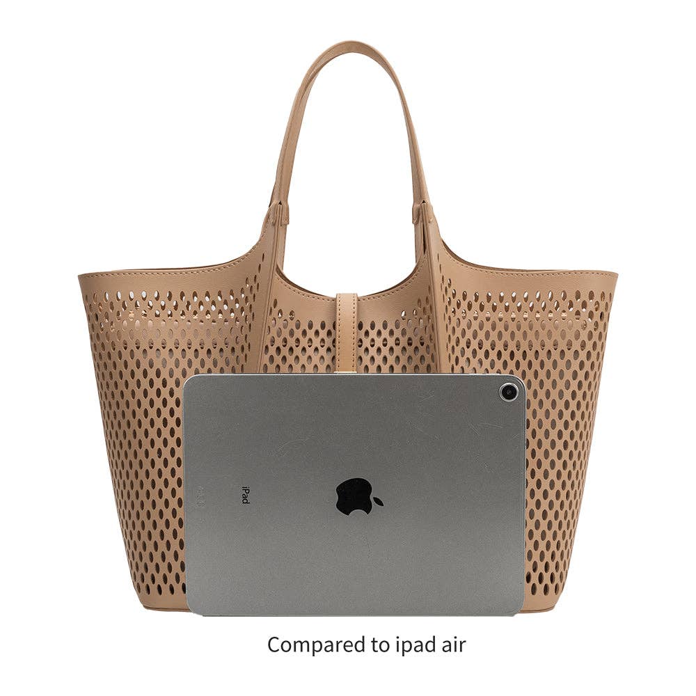 Malia Ivory Laser Cut Vegan Leather Tote Bag