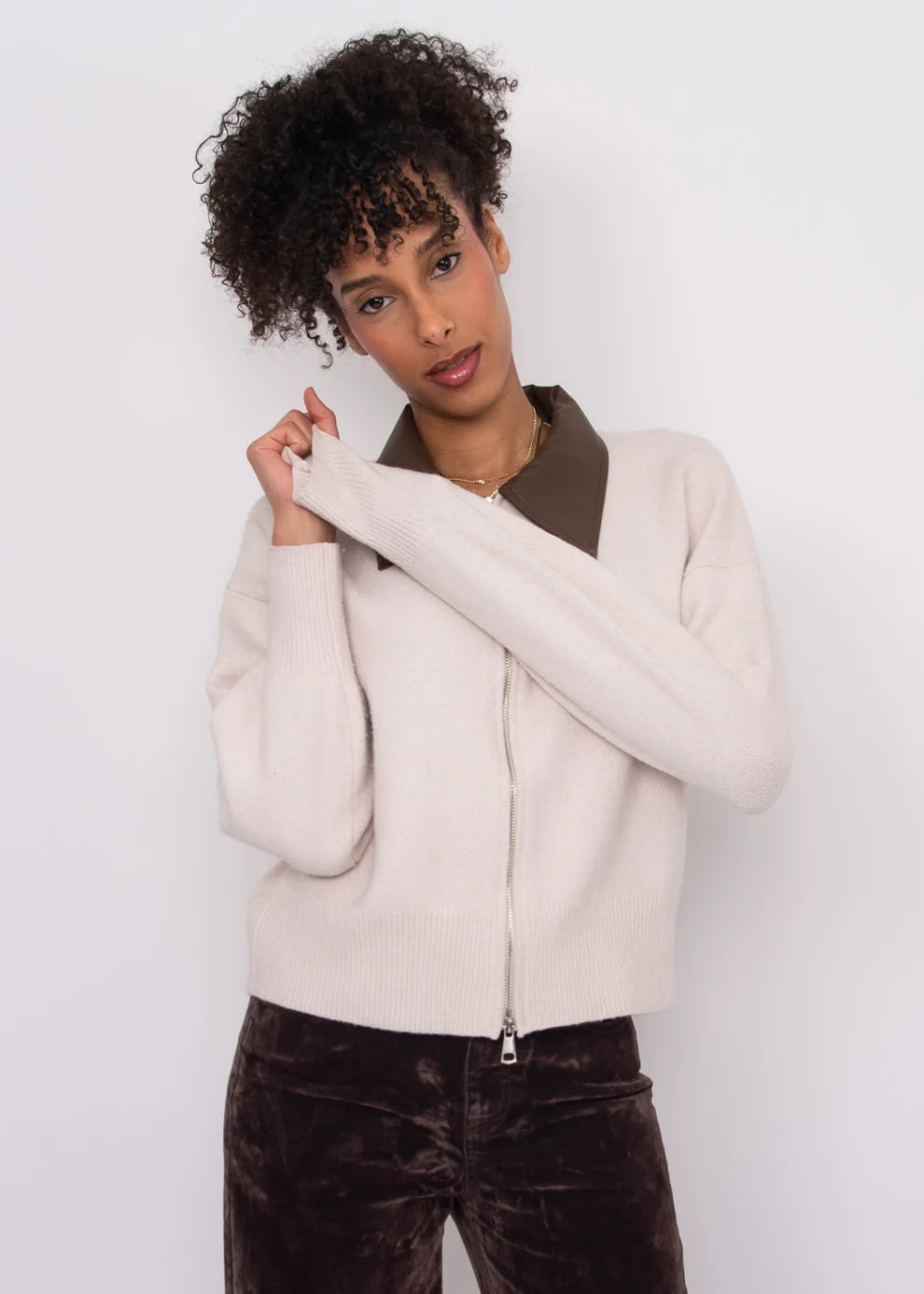 Oia Long Sleeve Leather Neck Cardigan